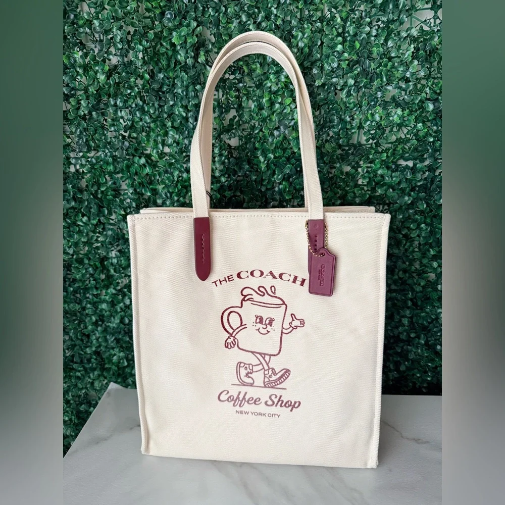 Coach Coffee Shop Canvas Tote in Cream and Burgundy